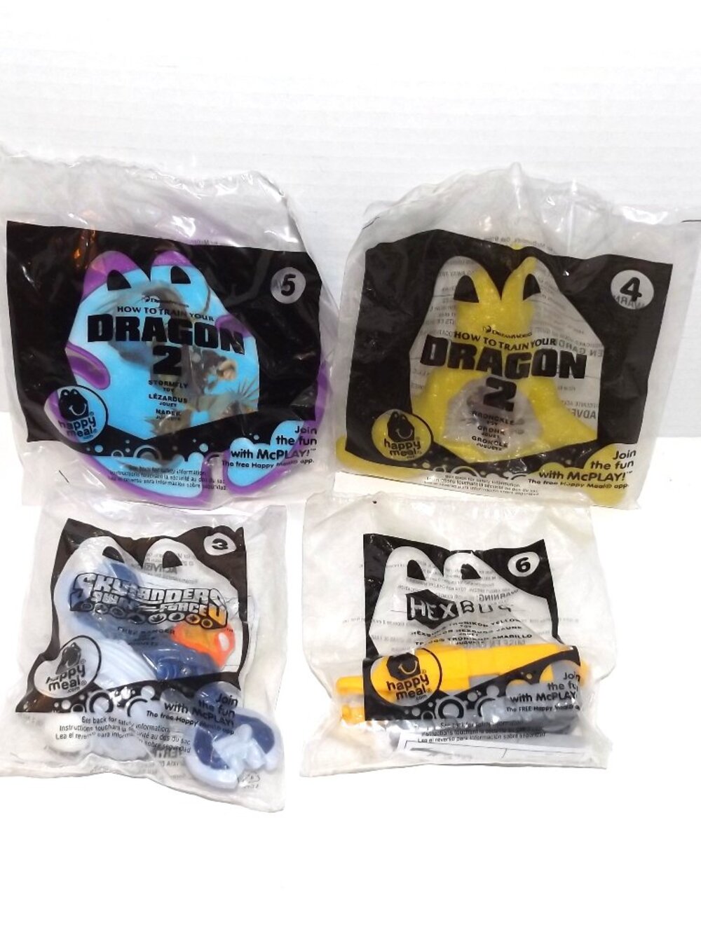 4 Pc New Mixed Lot McDonald’s 2014 Happy Meal Toys: Dragon 2, Hex Bug, Skylander